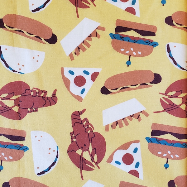 Food truck faves BTY fabric 100% cotton. pizza, hotdogs, tacos, hamburgers, lobster, BBQ