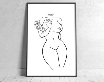 one line art woman,one line art woman print,woman one line drawing,woman and flower print,woman and flower line drawing,woman one line