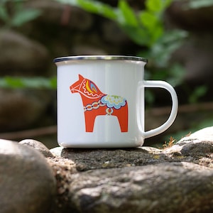 Dala Horse Enamel Mug - Swedish Camping Mug, Scandinavian Coffee Cup, Nordic Design Mug, Scandinavian Folk Art