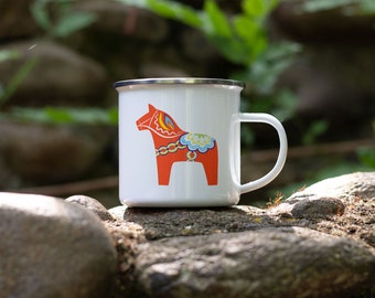 Dala Horse Enamel Mug - Swedish Camping Mug, Scandinavian Coffee Cup, Nordic Design Mug, Scandinavian Folk Art