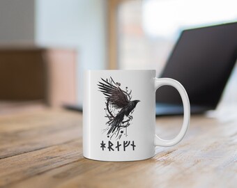 Viking Raven and Runes Mug - Norse Coffee Mug, Norse Mythology, Viking Mug, Viking History Mug, Hugin & Munin, Viking Gift, Heathen Cup