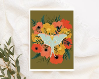 Luna Moth Greeting Card, Floral Greeting Card