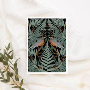 Botanische Grußkarte |  Vogel und Farn Karte zum Geburtstag