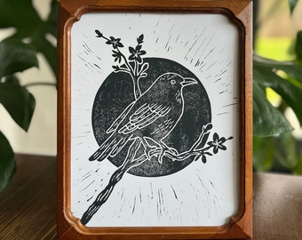 Black Bird Block Print, Raven and Full Moon Art Print
