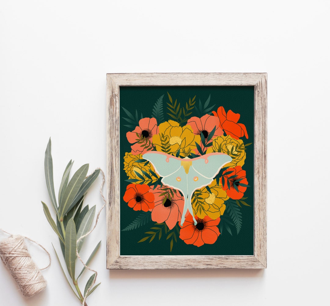 Luna Moth Wall Art, Floral Moth Art Print - Etsy