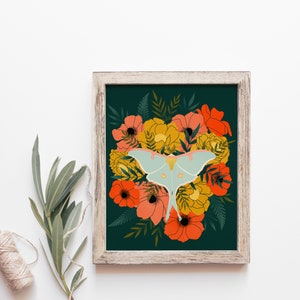 Arte de la pared de la polilla de Luna, polilla floral Lámina artística