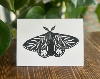 Floral Moth Greeting Card, Block Print Mother's Day Card