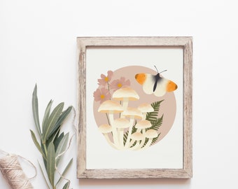 Mushroom Wall Art, Mushroom Moth Art Print