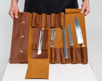 Personalisierte Ledermesserrolle, Lederkochmesserrolle, Ledermesseraufbewahrungstasche, Handgefertigte Messerrolle, Kochmesserrolle mit Initialen