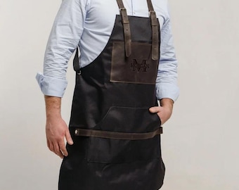 Lederschürze aus Canvas, Schürze mit Logo, Männer Arbeitsschürze, Grillschürze aus Leder, Canvas Schürze mit Taschen, Friseurschürze für Männer