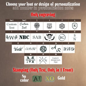 May include: Image showcasing personalization options for engraving and stamping. Includes various fonts, symbols, and design elements, such as badges, initials, and the text "Best Dad Ever." The image also displays color options: no color, AI, XO, and gold.