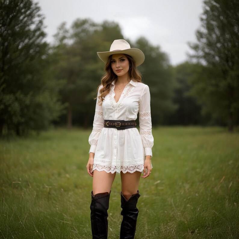 K&ouml;nnte beinhalten: Ein wei&szlig;es Kleid mit Spitzensaum, ein brauner G&uuml;rtel und schwarze kniehohe Stiefel. Das Outfit wird durch einen beigen Cowboyhut erg&auml;nzt. Die Person steht in einem grasbewachsenen Feld mit B&auml;umen im Hintergrund.