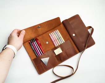 Leather pencil roll, Pen case, Artist roll, Brush case,  Leather pencil holder, Artist tool roll, Craft tool roll, Handmade pencil holder