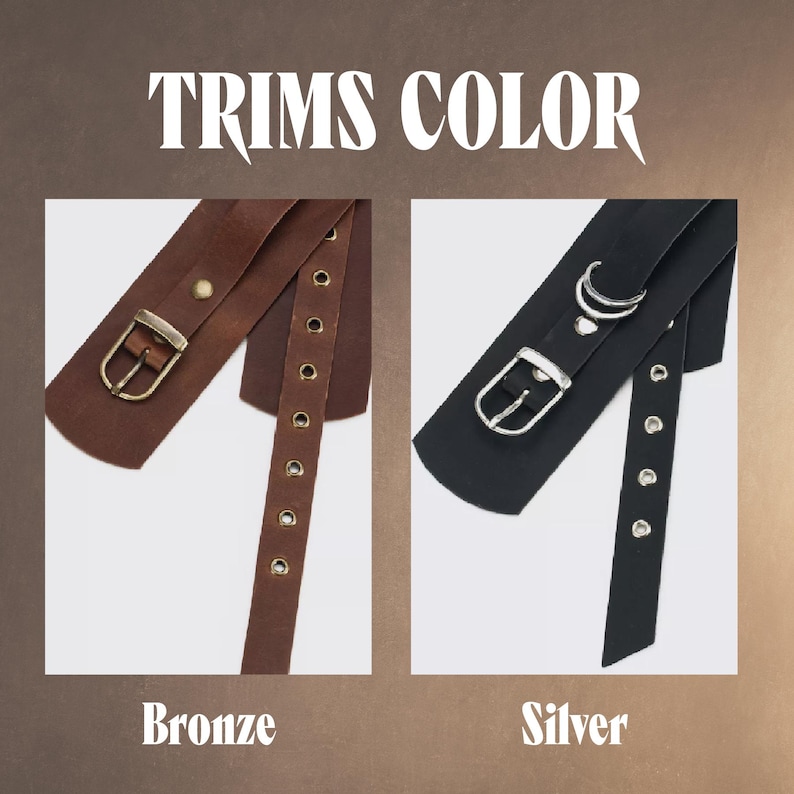 K&ouml;nnte beinhalten: Bild mit zwei G&uuml;rteln mit unterschiedlichen Zierfarben. Ein G&uuml;rtel ist braun mit bronzefarbener Hardware, der andere ist schwarz mit silberfarbener Hardware. Der Text "TRIMS COLOR" steht oben, mit "Bronze" und "Silver" unten.