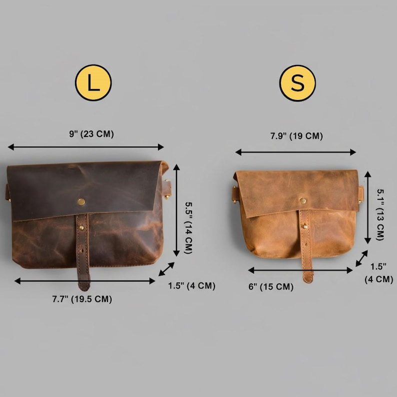 May include: Two leather messenger bags, one large (9" x 5.5" x 1.5") and one small (7.9" x 5.1" x 1.5"). The bags are brown with a flap closure and adjustable strap. The image shows the dimensions of each bag.