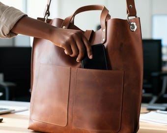 Womens leather tote bag, Large leather tote, Leather work totes with zipper, Leather tote with pockets, Handmade leather tote, Shoulder tote
