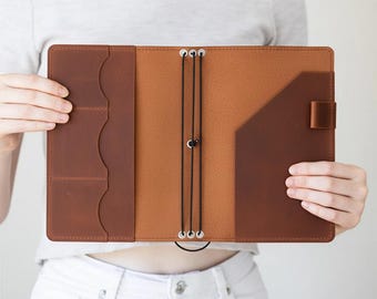 Op de afbeelding: Open leren journal met een bruine buitenkant en binnenkant. Het journal heeft een zak aan de rechterkant en drie kaartsleuven aan de linkerkant. Zwarte elastische banden houden de pagina's vast. Het journal wordt opengehouden.