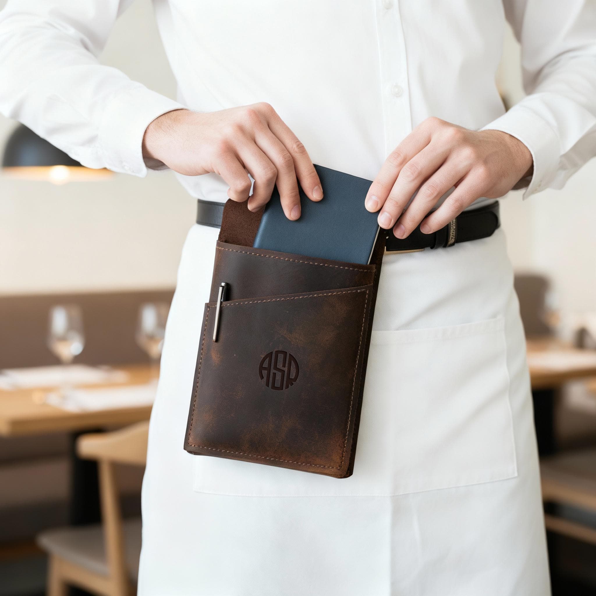 Leather Waitress Belt Bag, Waiters Waist Utility Bag, Server
