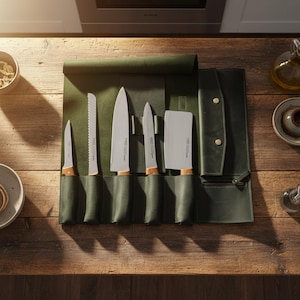 May include: A set of five stainless steel kitchen knives with wooden handles, displayed in a dark green leather roll. The knives include a paring knife, serrated bread knife, chef's knife, utility knife, and cleaver. The roll is open on a wooden surface.