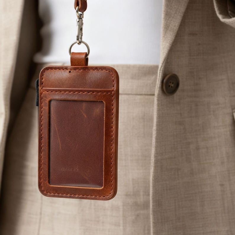 May include: A brown leather ID badge holder with a clear window and a matching leather lanyard. The holder is rectangular with stitched edges and a silver-colored clasp. The background includes a beige blazer.