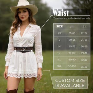 May include: A woman wearing a white dress with lace detailing and a brown belt. The image includes a size chart with waist measurements in inches and centimeters, ranging from 22 to 39 inches. Text on the image reads "Waist" and "Custom size is available."