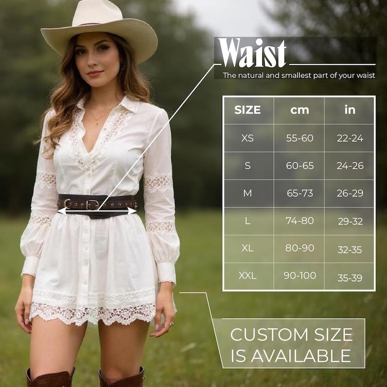 May include: A woman wearing a white dress with lace detailing and a brown belt. The image includes a size chart with waist measurements in inches and centimeters, ranging from 22 to 39 inches. Text on the image reads "Waist" and "Custom size is available."