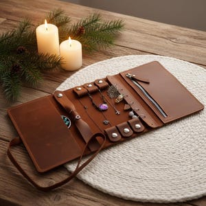 Leder Reise Schmuckrolle, personalisierte Schmuckrolle, Roll-up-Schmucketui, Schmuckveranstalter Leder, handgemachte Schmuckrolle