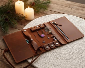 Leather travel jewelry roll, Personalized jewelry roll, Roll up jewelry case, Jewelry organizer leather, Handmade jewelry roll
