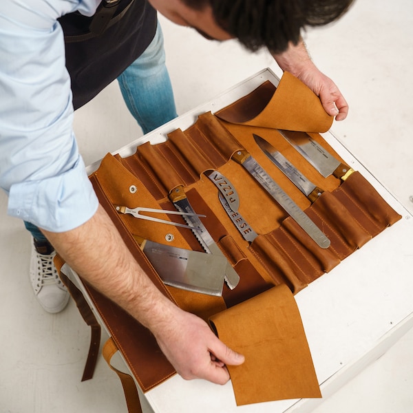 Rouleau de chef en cuir, Rouleau de couteau personnalisé, Cadeaux de chef en cuir, Rangement de couteau en cuir, Enveloppement d’organisateur de couteau, Enveloppement de couteau, Rouleau de couteau