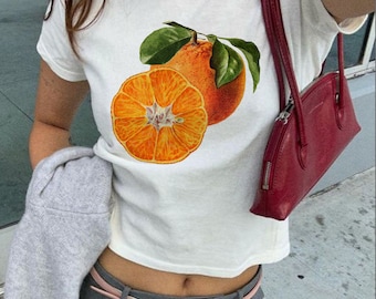 Orange Print Baby Tee, Y2k Graphic Baby Tee, 90s Baby Tee, Trending Fruit Shirt, Y2k Shirt