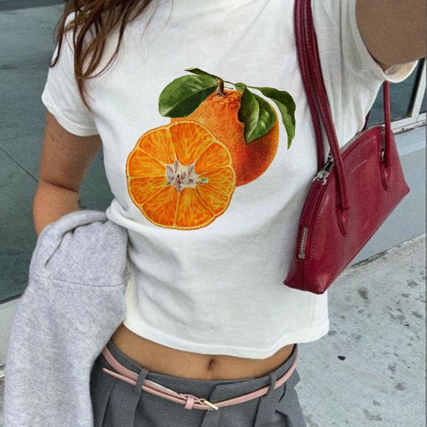 Orange Print Baby Tee, Y2k Graphic Baby Tee, 90s Baby Tee, Trending Fruit Shirt, Y2k Shirt