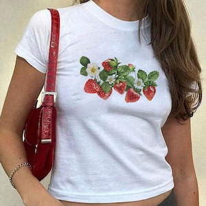 Strawberry Baby Tee | Vintage Fruit T-shirt |  Fruit Graphic Y2k 2000&#39;s Baby Tee | 90s Style Clothing