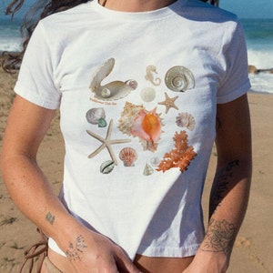 Seashells Baby Tee | Y2k Baby Tee Collage Aesthetic Seashell Ocean Starfish Pearl T-shirt | Seashell Girl