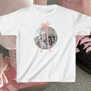 Disco Ball 2000&#39;s Baby Tee | Cocktails t-shirt |  Pink Ribbon Bow Coquette Baby Tee | 90s Style Clothing | Y2K Baby Tee