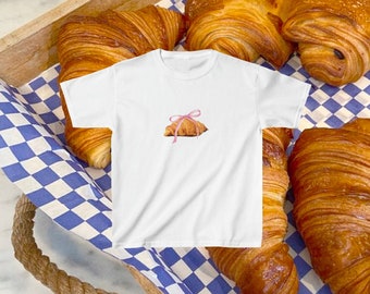 Coquette Croissant Baby Tee with Pink Ribbon Bow,  Y2k Graphic Baby Tee,90s Baby Tee, Coquette Aesthetic Top, French Barquette Funny Shirt