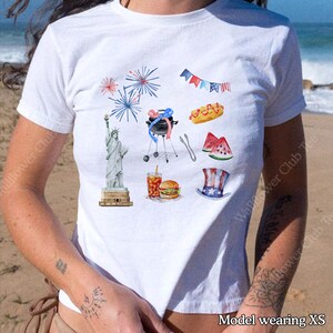 July 4th Baby Tee, Vintage Americana Baby Tee, Y2K Scrapbook Aesthetic Shirt, USA Baby Tee Independence Day Shirt 4th of July Outfit Hotdog