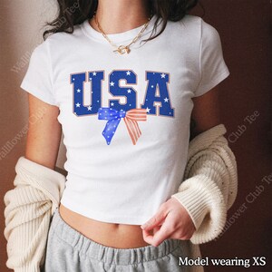 Coquette Bow USA Graphic Baby Tee, 4th of July Baby Tee, Vintage Star American Baby Tee, Independence Day Shirt 4th of July Outfit