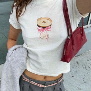 Espresso Martini Vintage Baby Tee | Cocktails t-shirt |  Pink Ribbon Bow Coquette Baby Tee | 90s Style Clothing | Y2K Baby Tee