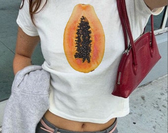 Papaya Baby Tee | Vintage Fruit T-shirt |  Fruit Graphic Y2k 2000's Baby Tee | 90s Style Clothing