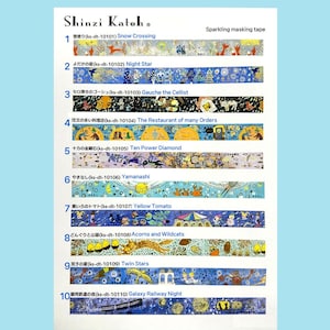 May include: A sheet of Shinzi Katoh sparkling masking tape rolls. The tape designs include illustrations of a winter scene, a starry night, a cellist, a restaurant, diamonds, a mountain, tomatoes, acorns, twin stars, and a galaxy.