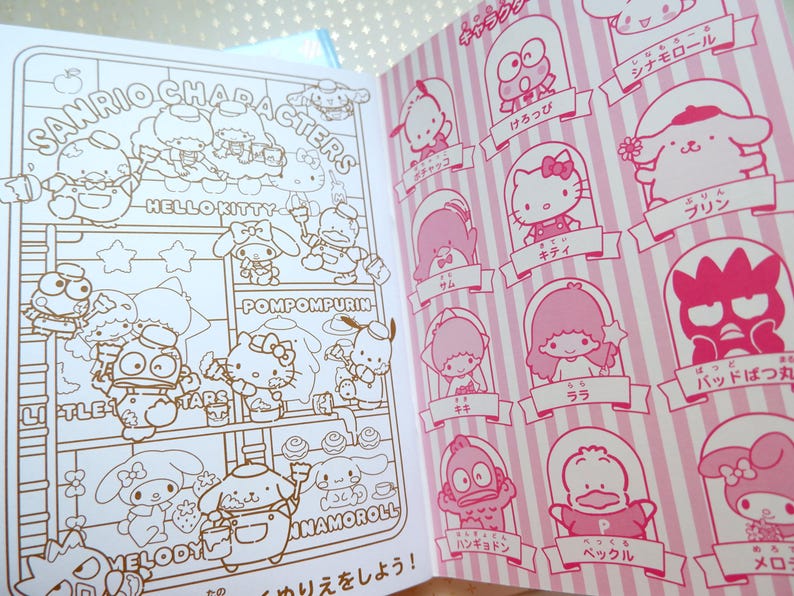 May include: A coloring book featuring Sanrio characters. The cover shows a pink and white striped background with illustrations of Hello Kitty, Pompompurin, and other Sanrio characters. The title of the book is "Sanrio Characters".