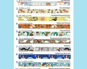May include: A sheet of sparkling masking tape featuring ten different designs. Each design has a unique theme, including cats and birds, foxes and grapes, and the North Wind and the Sun. The tape is labeled "Shinzi Katoh."