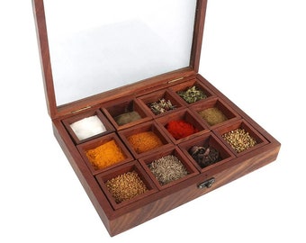 Wooden handmade Spice Box with 12 Compartments & Spoon, Sheesham Wood Spice Box Set - Valentine day gift