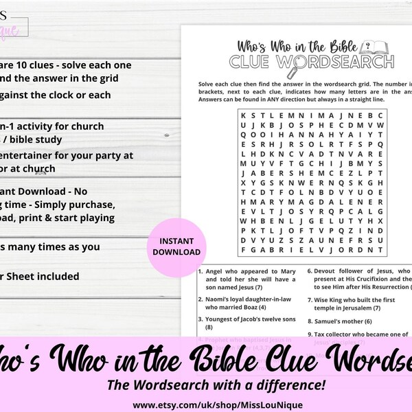 Bible Wordsearch Printable - Bible Games for Adults and Youth - Church Game - Bible Study Learning Tool - Christian Party - Bible Quiz