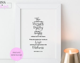 Spreuken 31:25-26 Ze is gekleed met kracht en waardigheid Christelijke kunst aan de muur, Spreuken 31 Vrouw, Cadeau voor mama, Moederdag Cadeau,