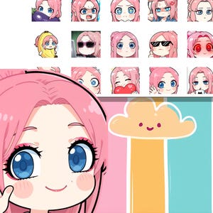Kawaii Pink Hair Girl Emotes: Twitch, Discord, YouTube (PNG Files)
