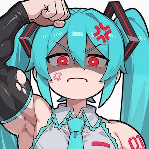 May include: Illustration of an anime-style character with turquoise pigtails, red eyes, and an angry expression. The character wears a white top with a blue tie and a red number 01 on the arm. Red anger symbols are above the head.