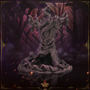 May include: A dark grey, skeletal tree with a menacing face, adorned with lanterns. The tree is surrounded by swirling smoke and sits on a rocky base. The text "MYTHIC ROIL" is visible at the bottom of the image.