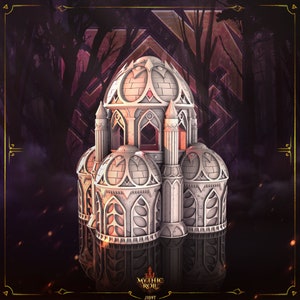 May include: A white, detailed, miniature stone building with a domed roof and arched windows. The building is set against a dark, forest-like background with a red and gold pattern.