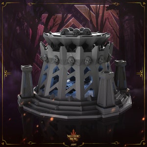 May include: A grey, detailed, 3D printed miniature of a skeletal tower with a skull-shaped top. The tower has a circular base and is surrounded by three smaller towers. The miniature is set against a dark, blurry background.